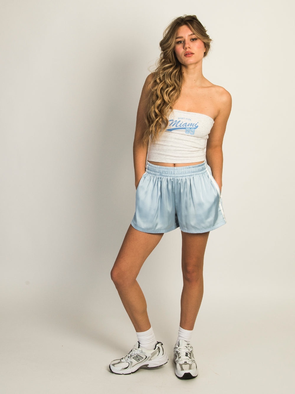 Harlow Light Blue Satin Athletic Shorts